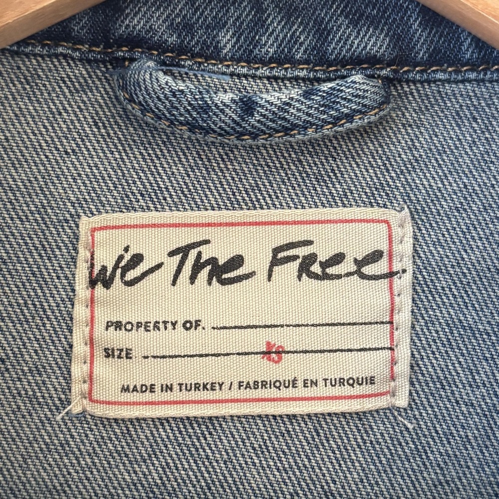 Free People We the Free Long & Lean Distressed Denim Jacket XS Oversized Trucker - Picture 2 of 14